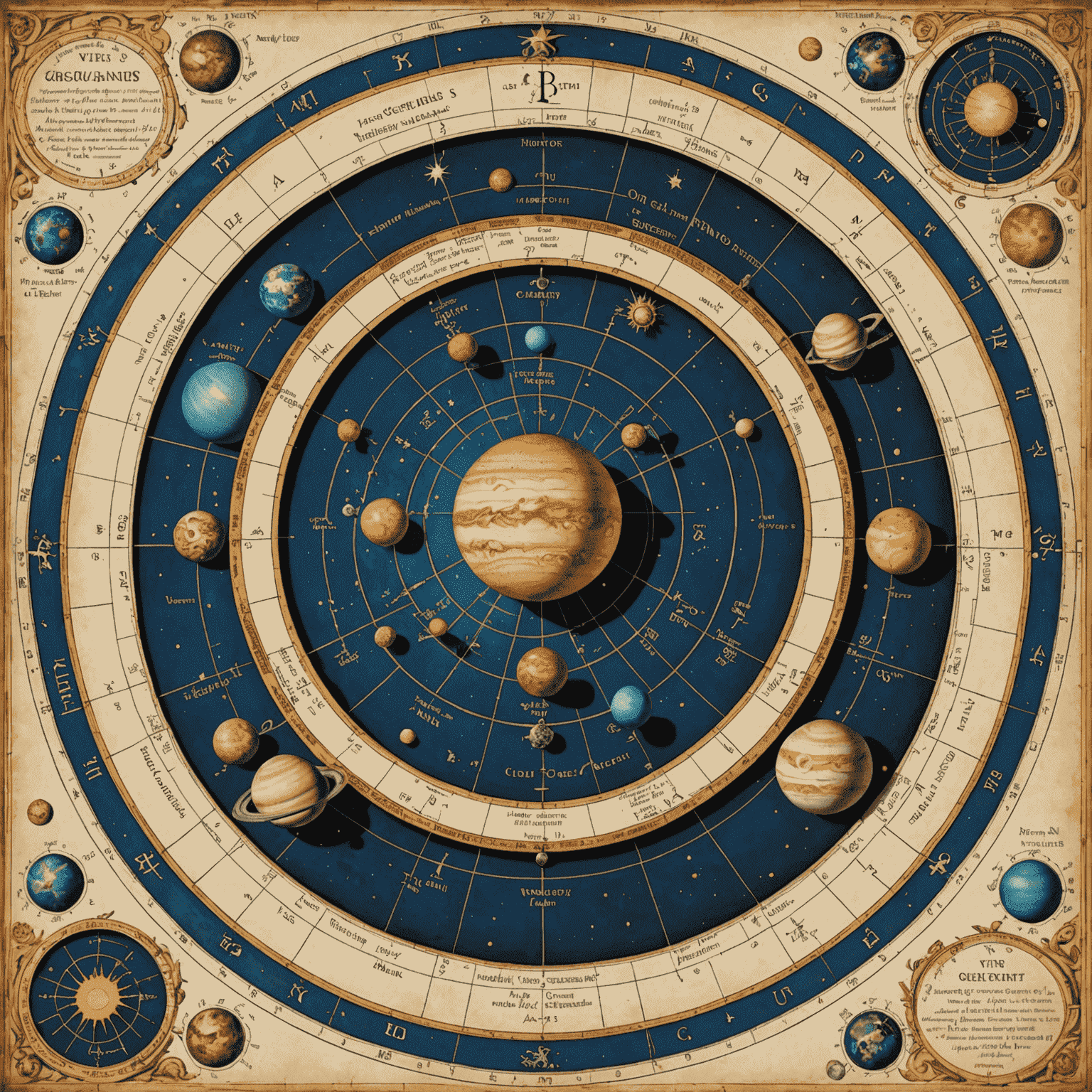 Gezegenler ve yörüngelerini gösteren karmaşık bir astrolojik çizelge. Merkür, Venüs ve Mars'ın retro hareketleri özel olarak vurgulanmış.