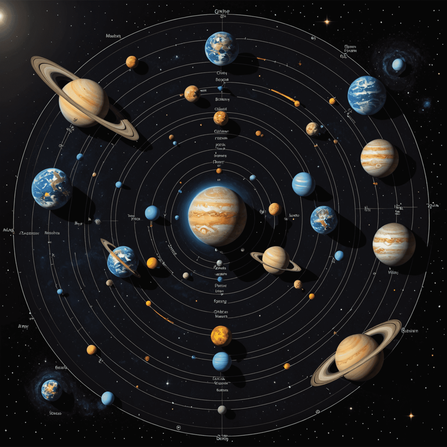 Gezegenler ve yörüngelerini gösteren, retro hareketleri vurgulayan kozmik bir diyagram